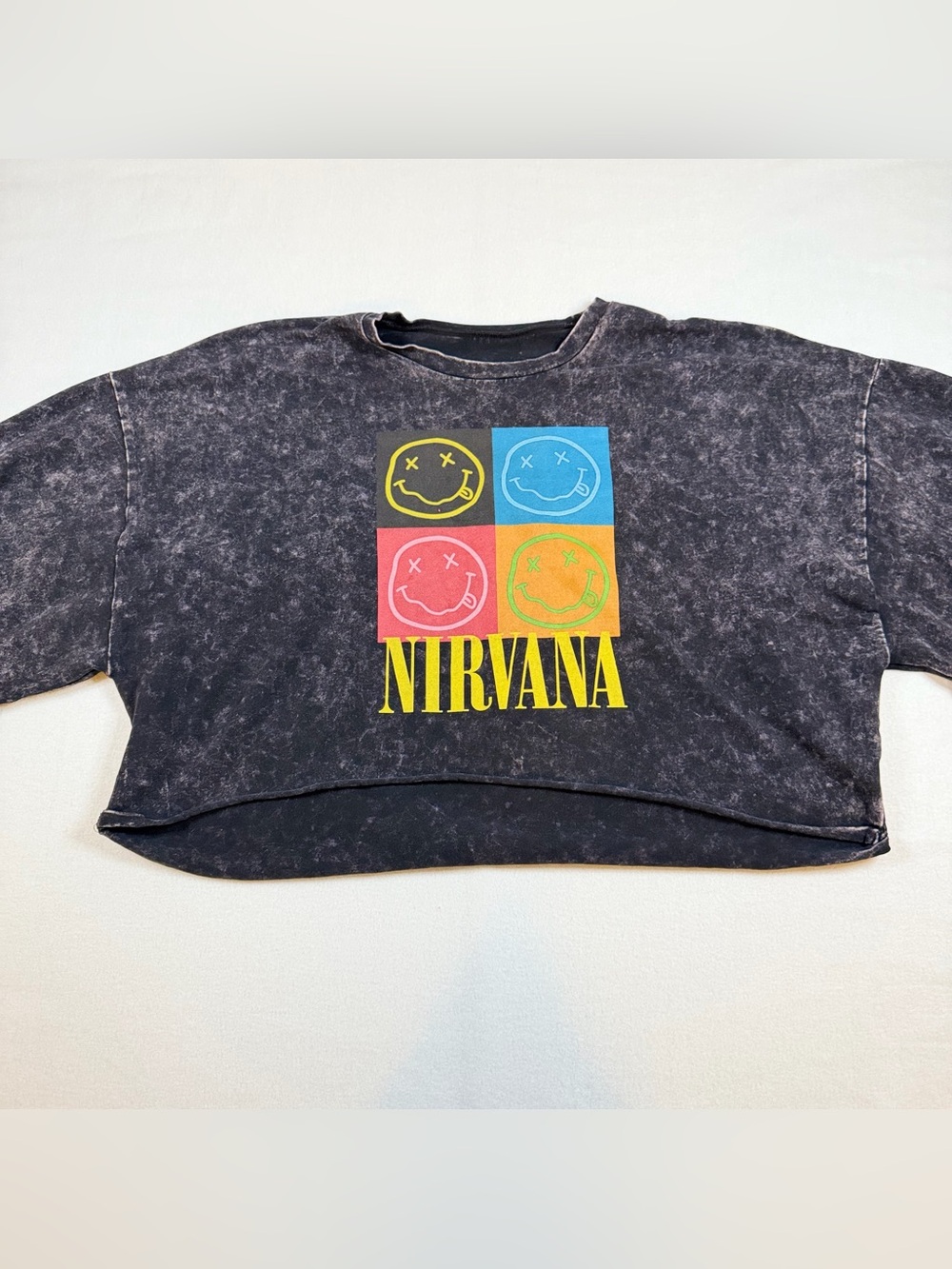 NIRVANA Oversized Black Washed Crop Tee